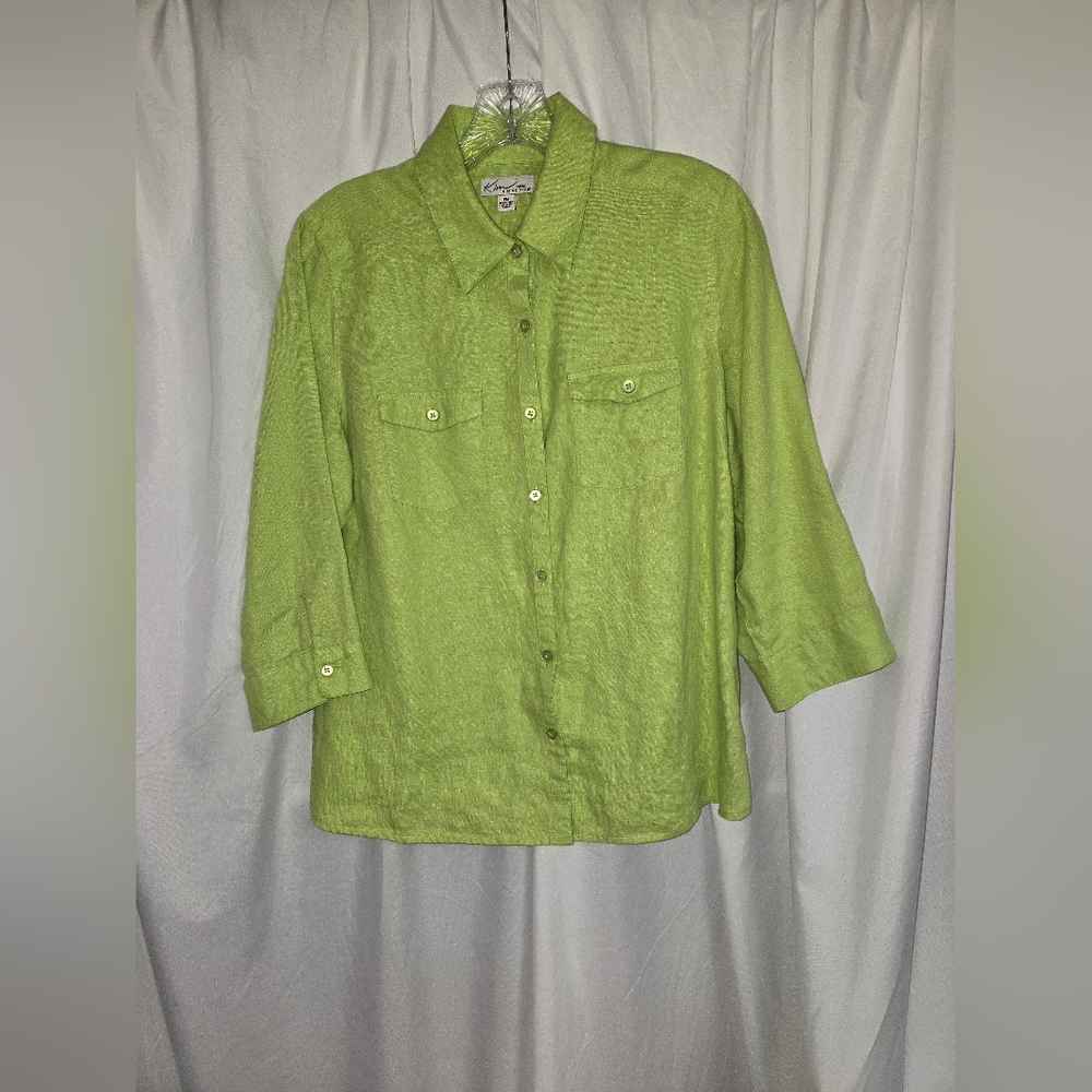 Kim Rogers Bright Green Button Down Trendy Linen Shirt